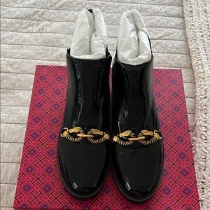Tory Burch Black Patent Ankle Boots with Gold Chain. New....never worn